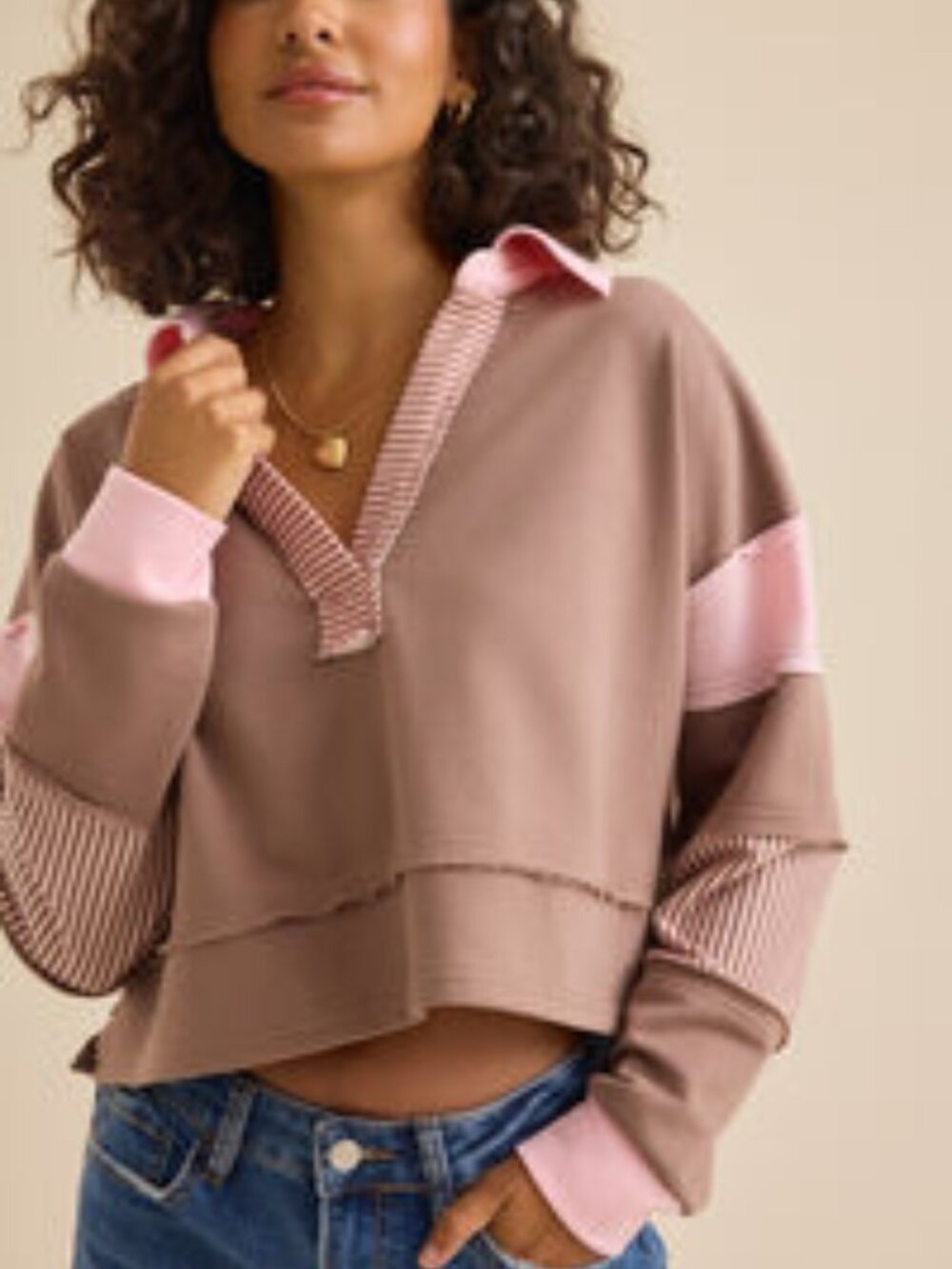 Altar'd State Blake Cropped Polo Pullover Pink Brown Color Block